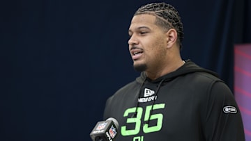 Mar 1, 2025; Indianapolis, IN, USA; Texas Tech offensive lineman Caleb Rogers (OL35) answers questions at a press conference during the 2025 NFL Combine at Indiana Convention Center. Mandatory Credit: Jacob Musselman-Imagn Images