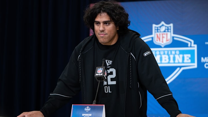 Feb 28, 2026; Indianapolis, IN, USA; Utah offensive lineman Spencer Fano (OL22) speaks to members of the media during the NFL Combine at the Indiana Convention Center. Mandatory Credit: Jacob Musselman-Imagn Images
