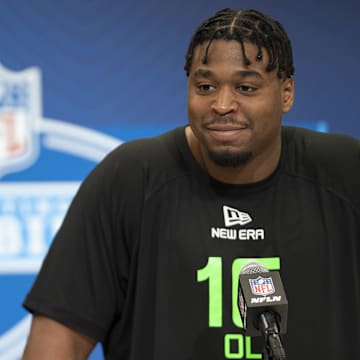 William & Mary offensive lineman Grant Charles addresses the media at the combine earlier this month. 