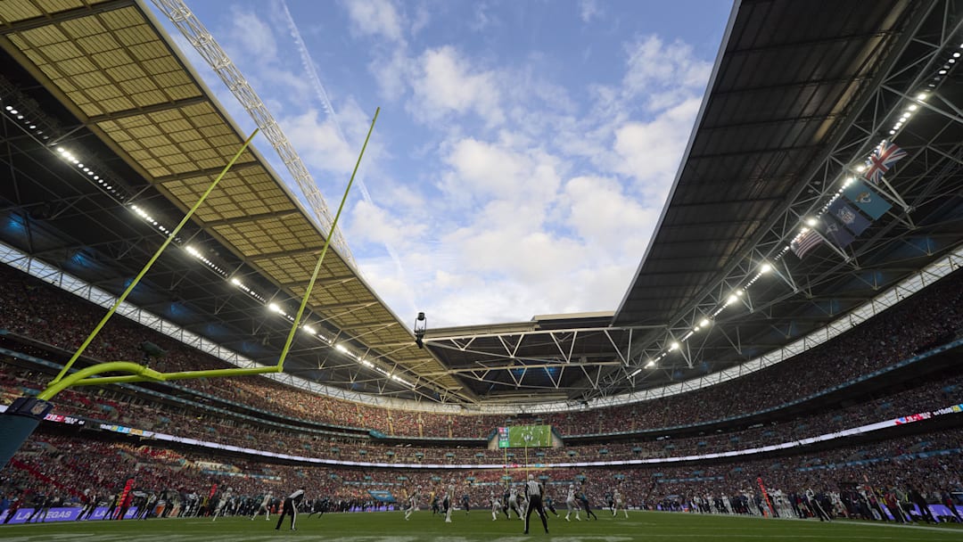 Oct 20, 2024; London, United Kingdom; A wide view of the play in the second half during between New England Patriots and Jacksonville Jaguars an NFL International Series game at Wembley Stadium. Mandatory Credit: Peter van den Berg-Imagn Images