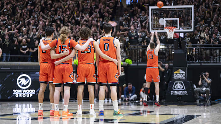 Jan 24, 2026; West Lafayette, Indiana, USA; Illinois Fighting Illini center Tomislav Ivisic (13) shoots a free throw during the second half against the Purdue Boilermakers at Mackey Arena. Mandatory Credit: Jacob Musselman-Imagn Images