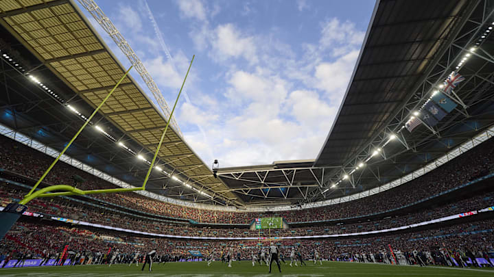 Oct 20, 2024; London, United Kingdom; A wide view of the play in the second half during between New England Patriots and Jacksonville Jaguars an NFL International Series game at Wembley Stadium. Mandatory Credit: Peter van den Berg-Imagn Images