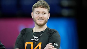 Texas quarterback Quinn Ewers (QB04) during the 2025 NFL Combine at Lucas Oil Stadium. 