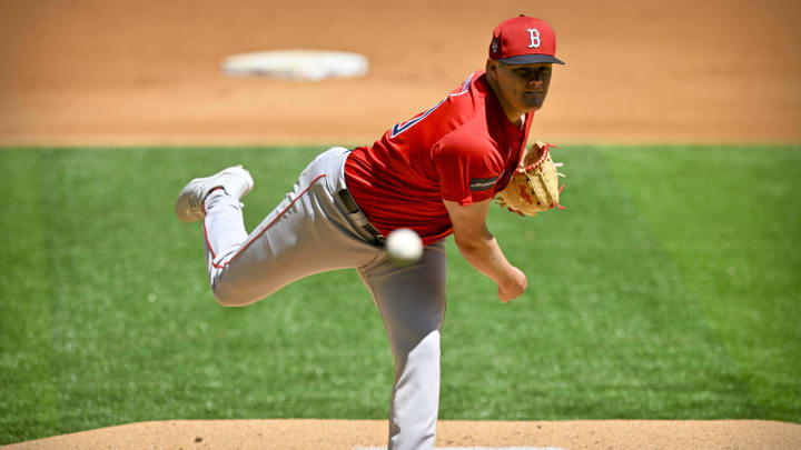 Mar 26, 2024; Arlington, Texas, USA; Boston Red Sox starting pitcher Richard Fitts (80) pitches against the Texas Rangers during the first inning at Globe Life Field. Mandatory Credit: Jerome Miron-USA TODAY Sports