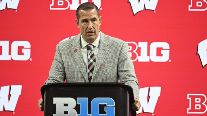 Jul 23, 2024; Indianapolis, IN, USA; Wisconsin Badgers head coach Luke Fickell speaks to the media during the Big 10 football media day at Lucas Oil Stadium. Mandatory Credit: Robert Goddin-USA TODAY Sports