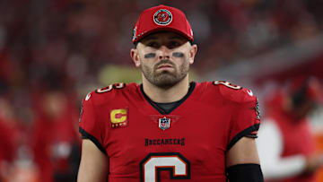 Jan 12, 2025; Tampa, Florida, USA; Tampa Bay Buccaneers quarterback Baker Mayfield (6) during the second quarter of a NFC wild card playoff against the Washington Commanders at Raymond James Stadium. Mandatory Credit: Kim Klement Neitzel-Imagn Images