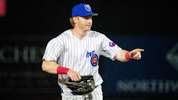 Iowa Cubs' Owen Caissie (17) makes his way to the dugout on Friday, March 28, 2025, at Principal Park in Des Moines.