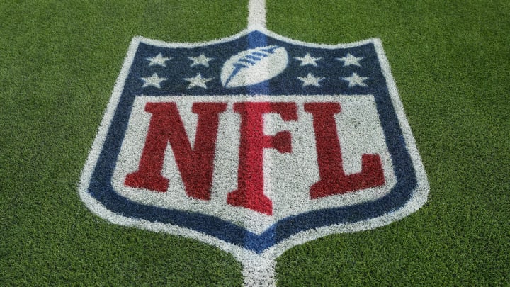 Dec 3, 2023; Inglewood, California, USA; The NFL shield logo on the field at SoFi Stadium. Mandatory Credit: Kirby Lee-USA TODAY Sports