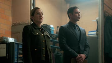 Edie Falco as Nina Hobbs and Clayton Cardenas as Torres in Mayor of Kingstown episode 1, season 4, streaming on Paramount+, 2025. Credit: Dennis P. Mong Jr./Paramount+