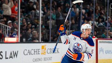 Apr 16, 2025; San Jose, California, USA;  Edmonton Oilers center Jeff Skinner (53) celebrates after the goal against the San Jose Sharks during the first period at SAP Center at San Jose. Mandatory Credit: Neville E. Guard-Imagn Images