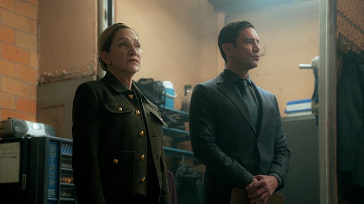 Edie Falco as Nina Hobbs and Clayton Cardenas as Torres in Mayor of Kingstown episode 1, season 4, streaming on Paramount+, 2025. Credit: Dennis P. Mong Jr./Paramount+