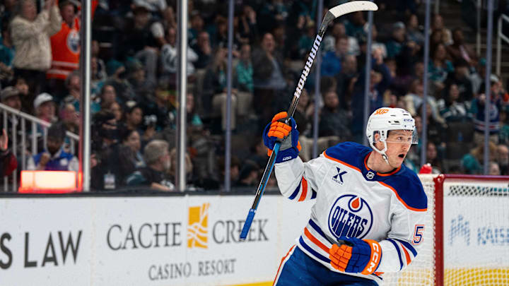 Apr 16, 2025; San Jose, California, USA;  Edmonton Oilers center Jeff Skinner (53) celebrates after the goal against the San Jose Sharks during the first period at SAP Center at San Jose. Mandatory Credit: Neville E. Guard-Imagn Images