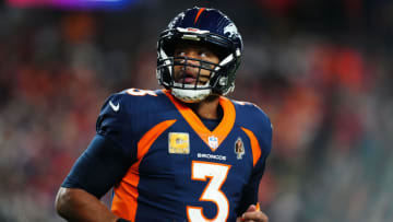 Nov 19, 2023; Denver, Colorado, USA; Denver Broncos quarterback Russell Wilson (3) in the first quarter against the Minnesota Vikings at Empower Field at Mile High. Mandatory Credit: Ron Chenoy-USA TODAY Sports