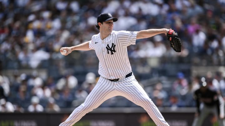 New York Yankees pitcher Gerrit Cole (45) pitches against the Cleveland Guardians during the first inning at Yankee Stadium on Aug 22.