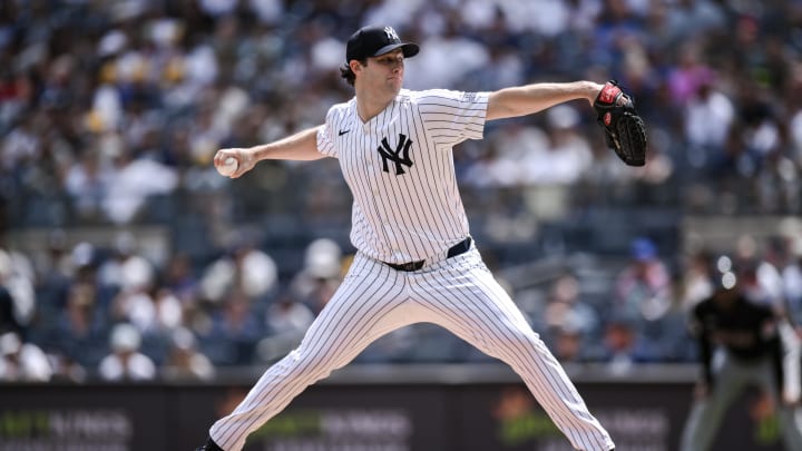 Aug 22, 2024; Bronx, New York, USA; New York Yankees pitcher Gerrit Cole (45) pitches against the Cleveland Guardians during the first inning at Yankee Stadium. Mandatory Credit: John Jones-USA TODAY Sports