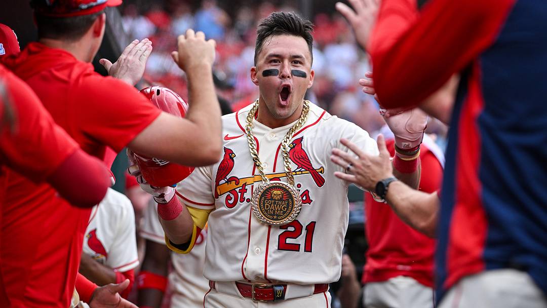 Jun 6, 2026; St. Louis, Missouri, USA; St. Louis Cardinals center fielder Lars Nootbaar (21) celebrates with teammates after hitting a go ahead two run home run against the Cincinnati Reds during the eighth inning at Busch Stadium. Mandatory Credit: Jeff Curry-Imagn Images