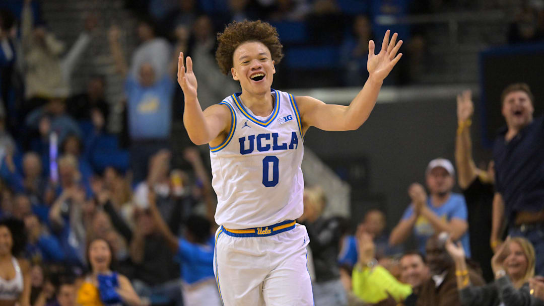Feb 7, 2026; Los Angeles, California, USA; UCLA Bruins guard Trent Perry (0) reacts after a three-point basket in the second half against the Washington Huskies at Pauley Pavilion presented by Wescom Financial. Mandatory Credit: Jayne Kamin-Oncea-Imagn Images Feb 7, 2026; Los Angeles, California, USA; UCLA Bruins guard Trent Perry (0) reacts after a three-point basket in the second half against the Washington Huskies at Pauley Pavilion presented by Wescom Financial. Mandatory Credit: Jayne Kamin-Oncea-Imagn Images