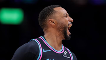 Nov 17, 2025; Miami, Florida, USA; Miami Heat guard Norman Powell (24) reacts against the New York Knicks during the fourth quarter at Kaseya Center. Mandatory Credit: Sam Navarro-Imagn Images