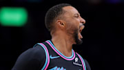 Nov 17, 2025; Miami, Florida, USA; Miami Heat guard Norman Powell (24) reacts against the New York Knicks during the fourth quarter at Kaseya Center. Mandatory Credit: Sam Navarro-Imagn Images