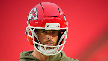 Oct 27, 2025; Kansas City, Missouri, USA; Kansas City Chiefs kicker Harrison Butker (7) looks on during warmups prior to the game against the Washington Commanders at GEHA Field at Arrowhead Stadium. Mandatory Credit: Jay Biggerstaff-Imagn Images