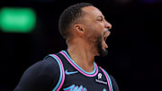 Nov 17, 2025; Miami, Florida, USA; Miami Heat guard Norman Powell (24) reacts against the New York Knicks during the fourth quarter at Kaseya Center. Mandatory Credit: Sam Navarro-Imagn Images