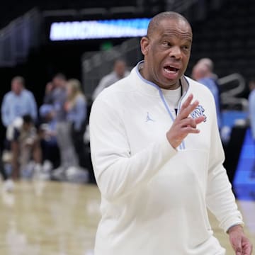 North Carolina head coach Hubert Davis is shown during practice before their first round NCAA men’ s basketball tournament game Thursday, March 20, 2025 at Fiserv Forum in Milwaukee, Wisconsin.