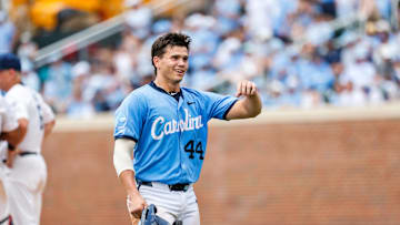 Jun 7, 2025; Chapel Hill, NC, USA; North Carolina catcher Luke Stevenson (44) celebrates towards the dugout during the third inning of the Super Regionals game against Arizona in Chapel Hill, North Carolina. Mandatory Credit: Jaylynn Nash-Imagn Images