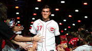 Cincinnati Reds catcher Tyler Stephenson is introduced during Redsfest, Friday, Dec. 2, 2022, at Duke Energy Convention Center in Cincinnati.

Cincinnati Redsfest Dec 2 0549