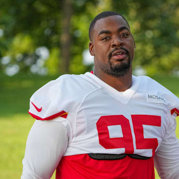 Jul 22, 2024; St. Joseph, MO, USA; Kansas City Chiefs defensive tackle Chris Jones (95) walks down the hill from the locker room to the fields prior to training camp at Missouri Western State University. Mandatory Credit: Denny Medley-Imagn Images