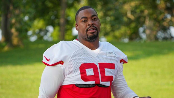 Jul 22, 2024; St. Joseph, MO, USA; Kansas City Chiefs defensive tackle Chris Jones (95) walks down the hill from the locker room to the fields prior to training camp at Missouri Western State University. Mandatory Credit: Denny Medley-Imagn Images