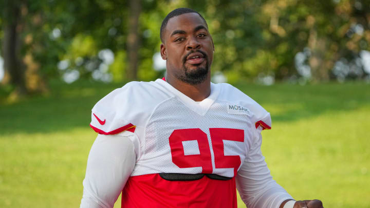 Jul 22, 2024; St. Joseph, MO, USA; Kansas City Chiefs defensive tackle Chris Jones (95) walks down the hill from the locker room to the fields prior to training camp at Missouri Western State University. Mandatory Credit: Denny Medley-USA TODAY Sports