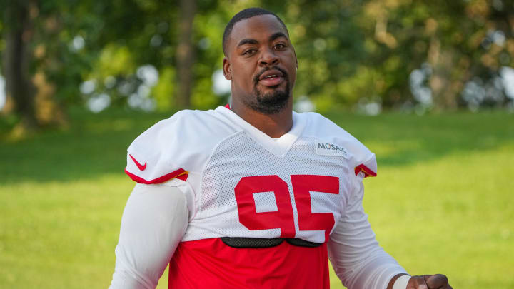 Jul 22, 2024; St. Joseph, MO, USA; Kansas City Chiefs defensive tackle Chris Jones (95) walks down the hill from the locker room to the fields prior to training camp at Missouri Western State University. Mandatory Credit: Denny Medley-USA TODAY Sports