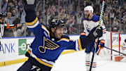 Apr 1, 2024; St. Louis, Missouri, USA; St. Louis Blues left wing Brandon Saad (20) reacts after scoring the game winning goal against the Edmonton Oilers in overtime at Enterprise Center. Mandatory Credit: Jeff Le-Imagn Images