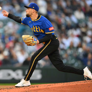 Seattle Mariners reliever Casey Lawrence throws during a game against the Miami Marlins on April 25 at T-Mobile Park.