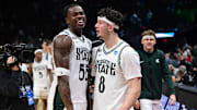 Mar 23, 2025; Cleveland, OH, USA; Michigan State Spartans forward Coen Carr (55) celebrates with forward Frankie Fidler (8) after the game against the New Mexico Lobos during the NCAA Tournament Second Round at Rocket Arena. Mandatory Credit: Ken Blaze-Imagn Images