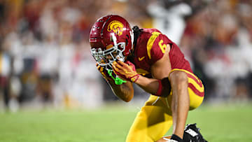 Sep 7, 2024; Los Angeles, California, USA; USC Trojans wide receiver Makai Lemon (6) reacts after missing a catch in the end zone against the Utah State Aggies during the second quarter at United Airlines Field at Los Angeles Memorial Coliseum. Mandatory Credit: Jonathan Hui-Imagn Images