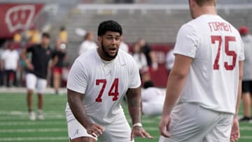 Alabama offensive lineman Kadyn Proctor (74) is shown before their game against Wisconsin Saturday, September 14, 2024 at Camp Randall Stadium in Madison, Wisconsin.
