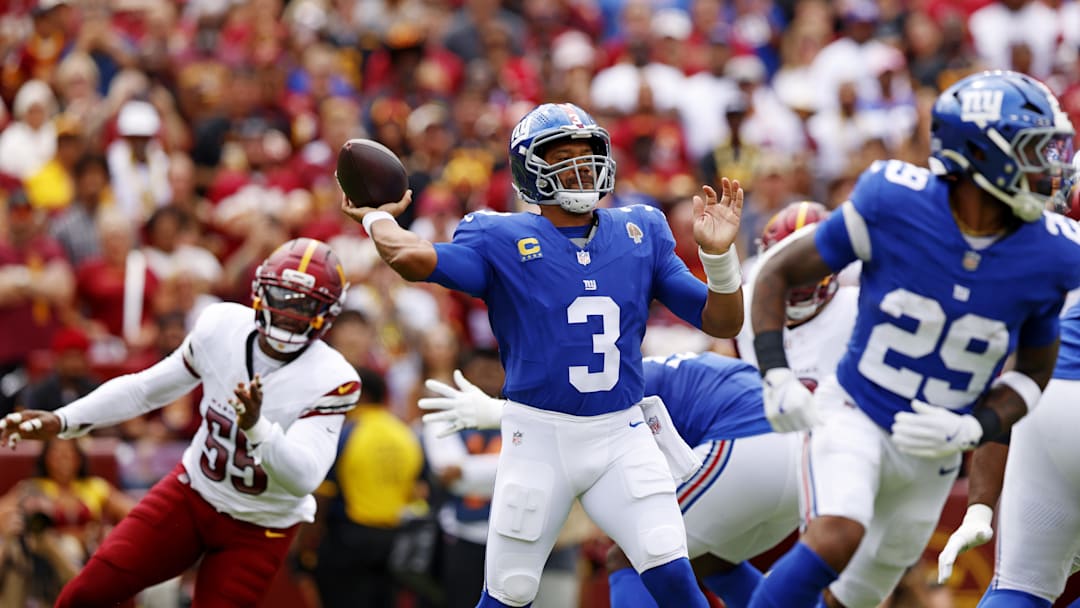Sep 7, 2025; Landover, Maryland, USA; New York Giants quarterback Russell Wilson (3) makes a pass during the first quarter against the Washington Commanders at Northwest Stadium. 