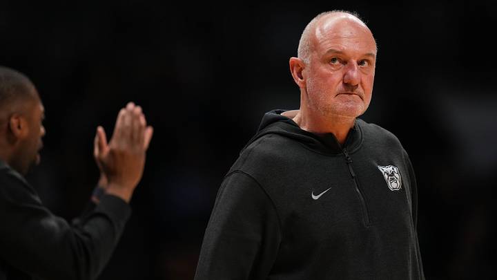 Butler Bulldogs head coach Thad Matta walks onto the court Wednesday, March 4, 2026, during the game at Hinkle Fieldhouse in Indianapolis.