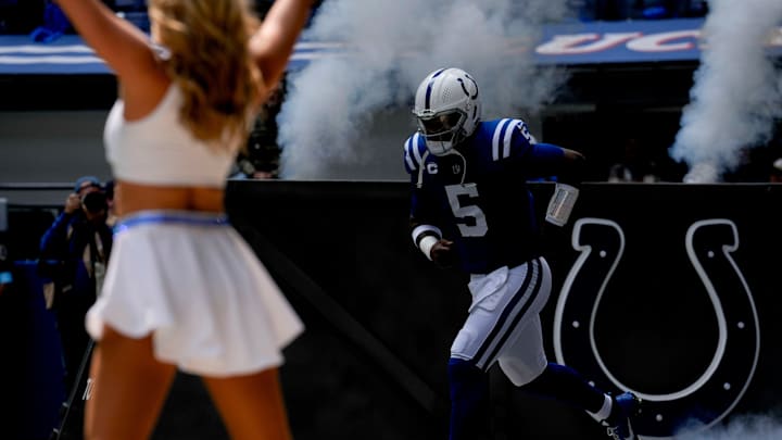 Indianapolis Colts quarterback Anthony Richardson (5) takes the field Sunday, Sept. 8, 2024, ahead of a game against the Houston Texans at Lucas Oil Stadium in Indianapolis.