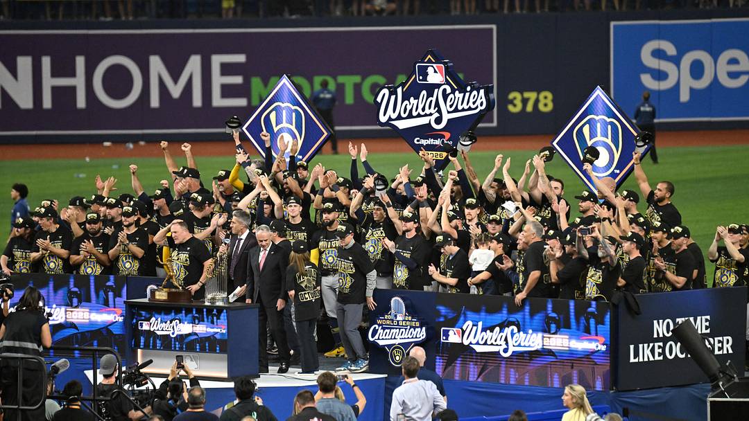Oct 28, 2026; St. Petersburg, Florida, USA; The Milwaukee Brewers celebrate defeating the Tampa Bay Rays in game five of the 2026 World Series at Tropicana Field.  Mandatory Credit: Jonathan Dyer-Imagn Images