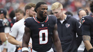 Aug 16, 2025; Houston, Texas, USA; Houston Texans linebacker Azeez Al-Shaair (0) on the sideline during the game against the Carolina Panthers at NRG Stadium.