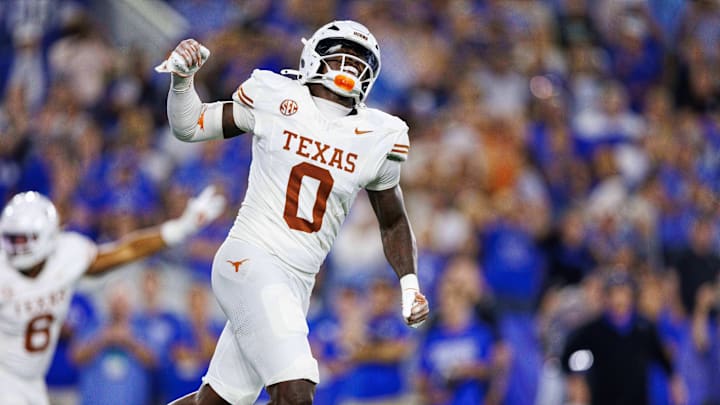 Oct 18, 2025; Lexington, Kentucky, USA; Texas Longhorns linebacker Anthony Hill Jr. (0) celebrates after the Kentucky Wildcats fail to score in overtime at Kroger Field.