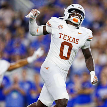 Oct 18, 2025; Lexington, Kentucky, USA; Texas Longhorns linebacker Anthony Hill Jr. (0) celebrates after the Kentucky Wildcats fail to score in overtime at Kroger Field. Mandatory Credit: Jordan Prather-Imagn Images