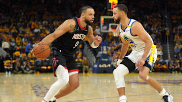 Apr 26, 2025; San Francisco, California, USA; Houston Rockets forward Dillon Brooks (9) dribbles against Golden State Warriors guard Stephen Curry (30) during the third quarter during game three of first round for the 2024 NBA Playoffs at Chase Center. Mandatory Credit: Darren Yamashita-Imagn Images