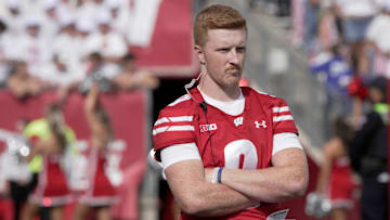 Injured Wisconsin quarterback Billy Edwards Jr. (9) is shown during the second quarter of the game against Middle Tennessee Saturday, September 6, 2025 at Camp Randall Stadium in Milwaukee, Wisconsin.