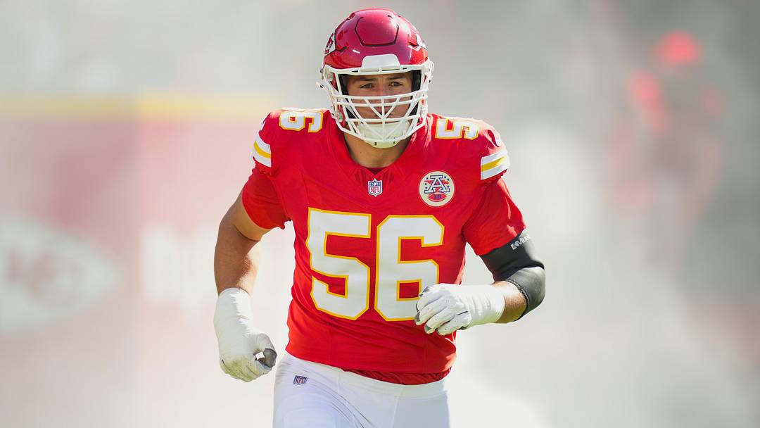 Sep 28, 2025; Kansas City, Missouri, USA; Kansas City Chiefs defensive end George Karlaftis (56) takes the field prior to a game against the Baltimore Ravens at GEHA Field at Arrowhead Stadium. Mandatory Credit: Jay Biggerstaff-Imagn Images