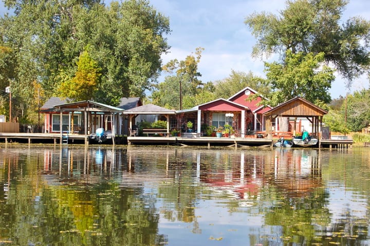 Homes built along a Louisiana bayou prior to the formation of a giant sinkhole