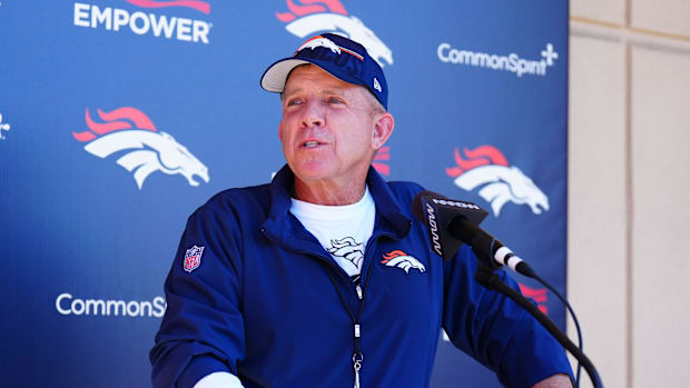 May 10, 2025; Englewood, CO, USA; Denver Broncos head coach Sean Payton speaks to the media following rookie minicamp at Bron