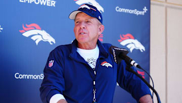 May 10, 2025; Englewood, CO, USA; Denver Broncos head coach Sean Payton speaks to the media following rookie minicamp at Broncos Park Powered by CommonSpirit. Mandatory Credit: Ron Chenoy-Imagn Images